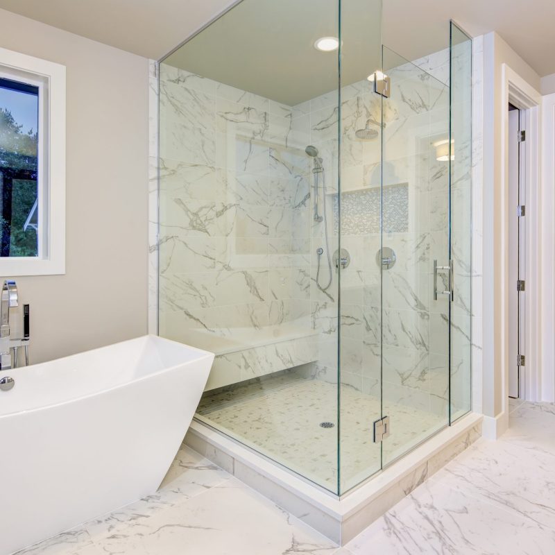 Sleek,Bathroom,Features,Freestanding,Bathtub,Atop,Marble,Floor,Placed,In